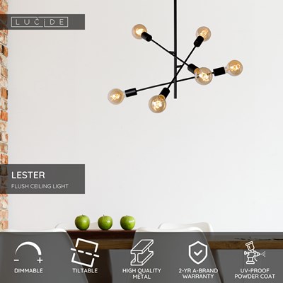 Lucide LESTER - Flush ceiling light - 6xE27 - Black